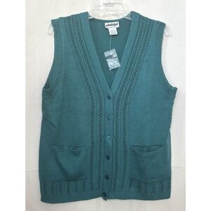 Vtg National Cottage Teal Green Button Front Pointelle Open Knit Vest Womens L